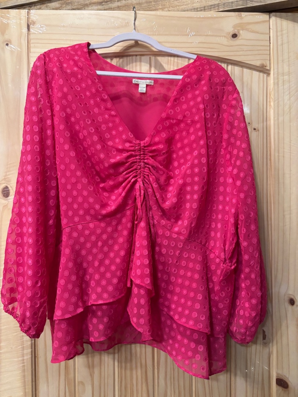 Bright Pink Ruched V-Neck Women’s Blouse